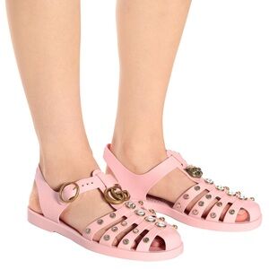 Gucci Pink Jeweled Jelly Sandals with Signature Double G